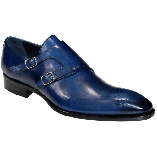 Duca Di Matiste "Vergato" Blue Genuine Italian Calfskin Double Monk Strap Loafer Shoes.